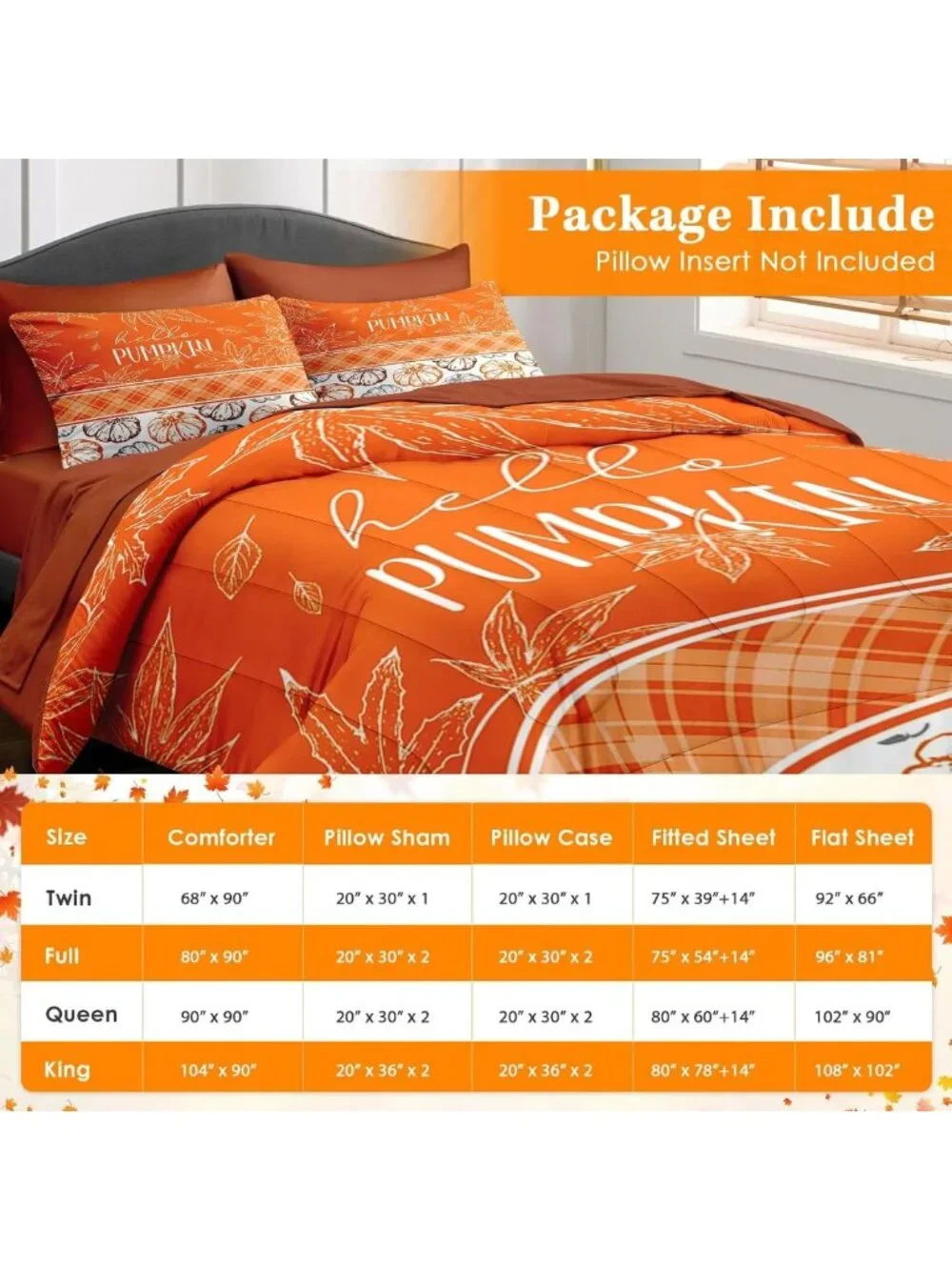 Cozy 7-Piece Queen Fall Comforter Set with Sheets - Orange Bedding for Autumn
